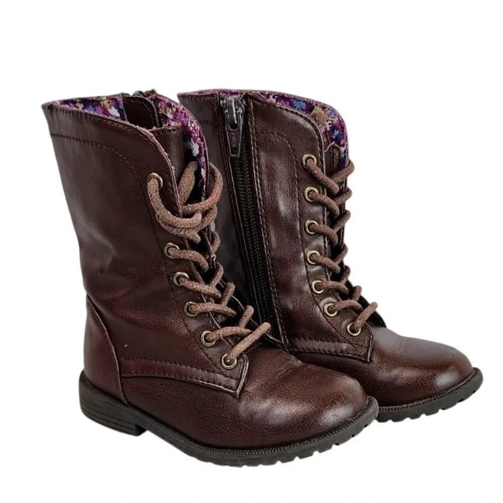 Kids Brown Faux Leather Lace Up Side Zip Combat Boots Size 7 Floral Lined‎